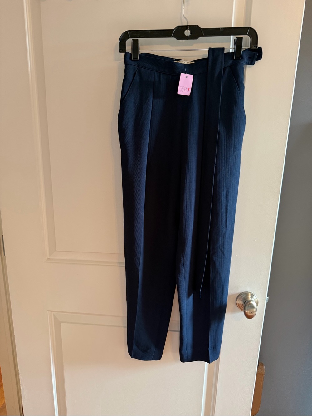 Vintage Lord & Taylor Navy RibbedHigh-Waist Pleated Trousers with Self Tie Belt